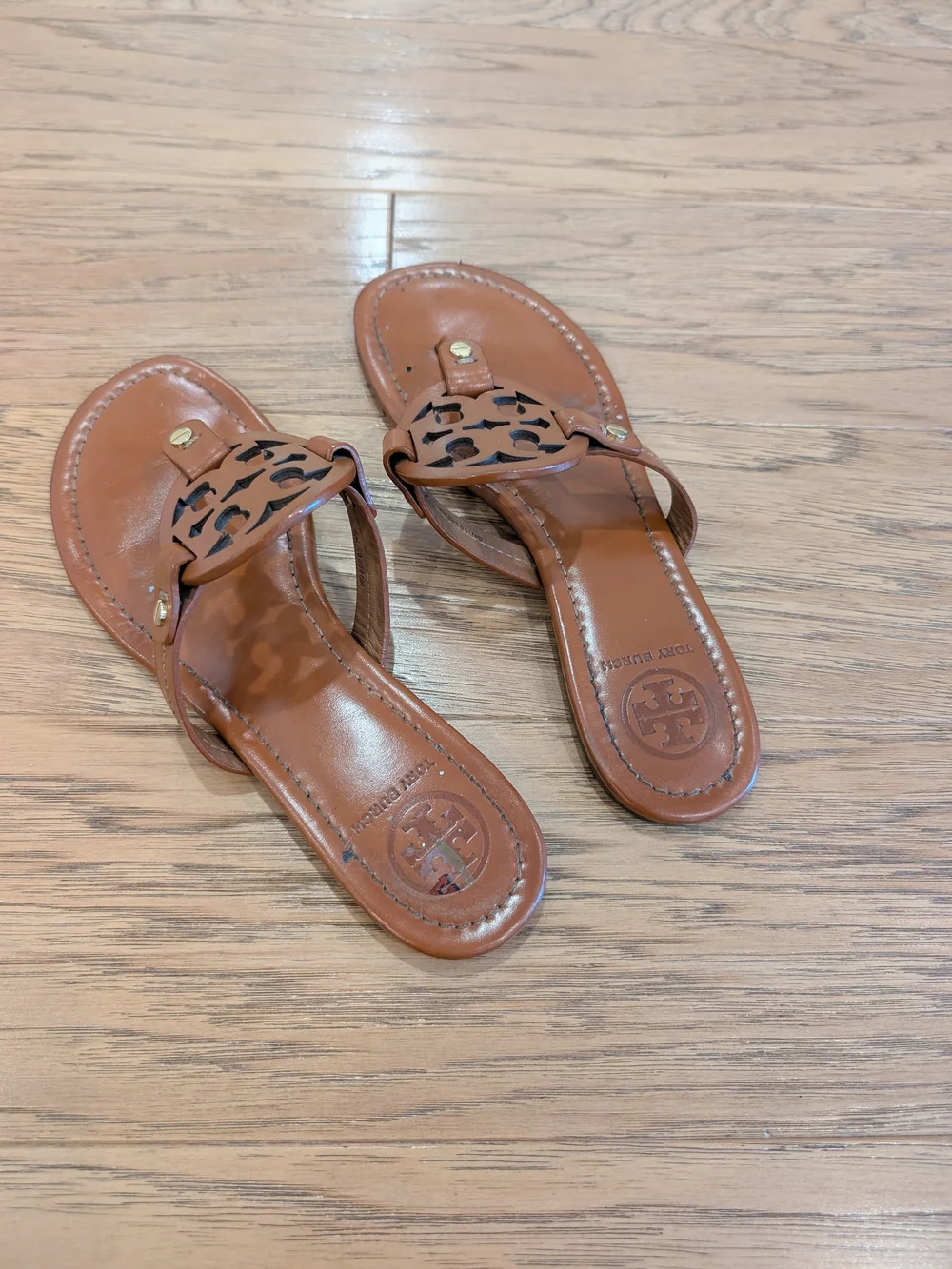Tory Burch Brown Leather Logo Thong Sandals